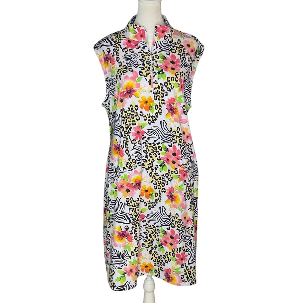IBKUL Eva Print Sleeveless Zip Mock Neck Dress Floral Zebra Print - Size XL